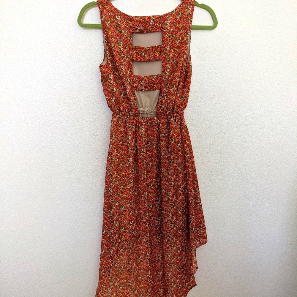 Orange Floral Open Back High Low Dress, XS